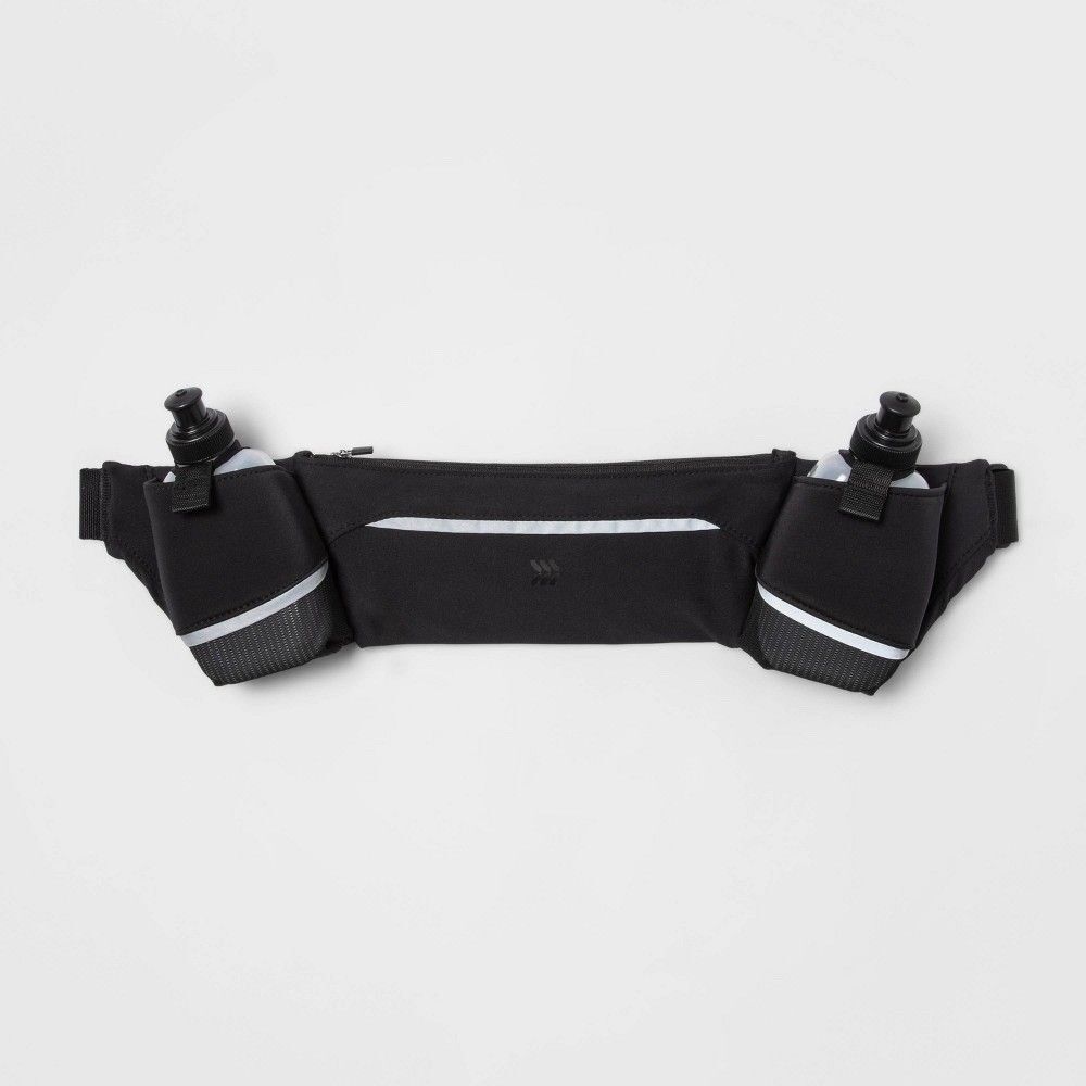 All in Motion Hydration Running Belt 2 Bottle Holder Zip Waist Pack Fitness